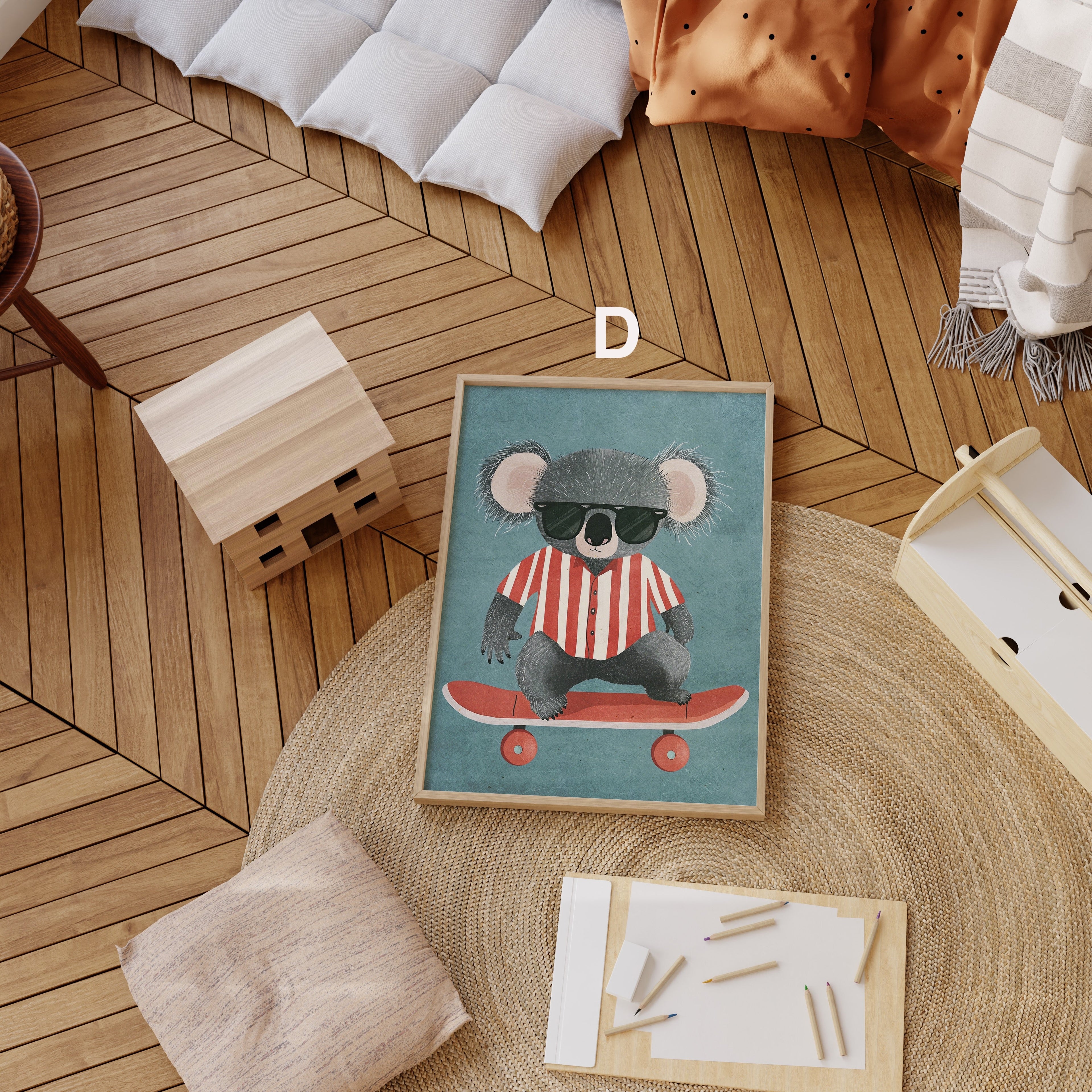 Skateboard Waldtiere Poster Kinderzimmer · Geschenkidee für Kinder · Dalmatiner Löwe Fuchs Lama Koala Bär · Deko Print ohne Rahmen