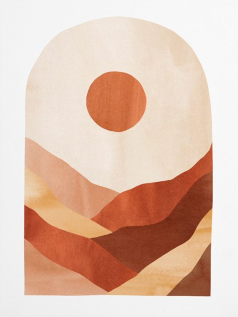 Poster Rottöne mit Sonnenuntergang und Grüne Blätter als Deko Print ohne Rahmen