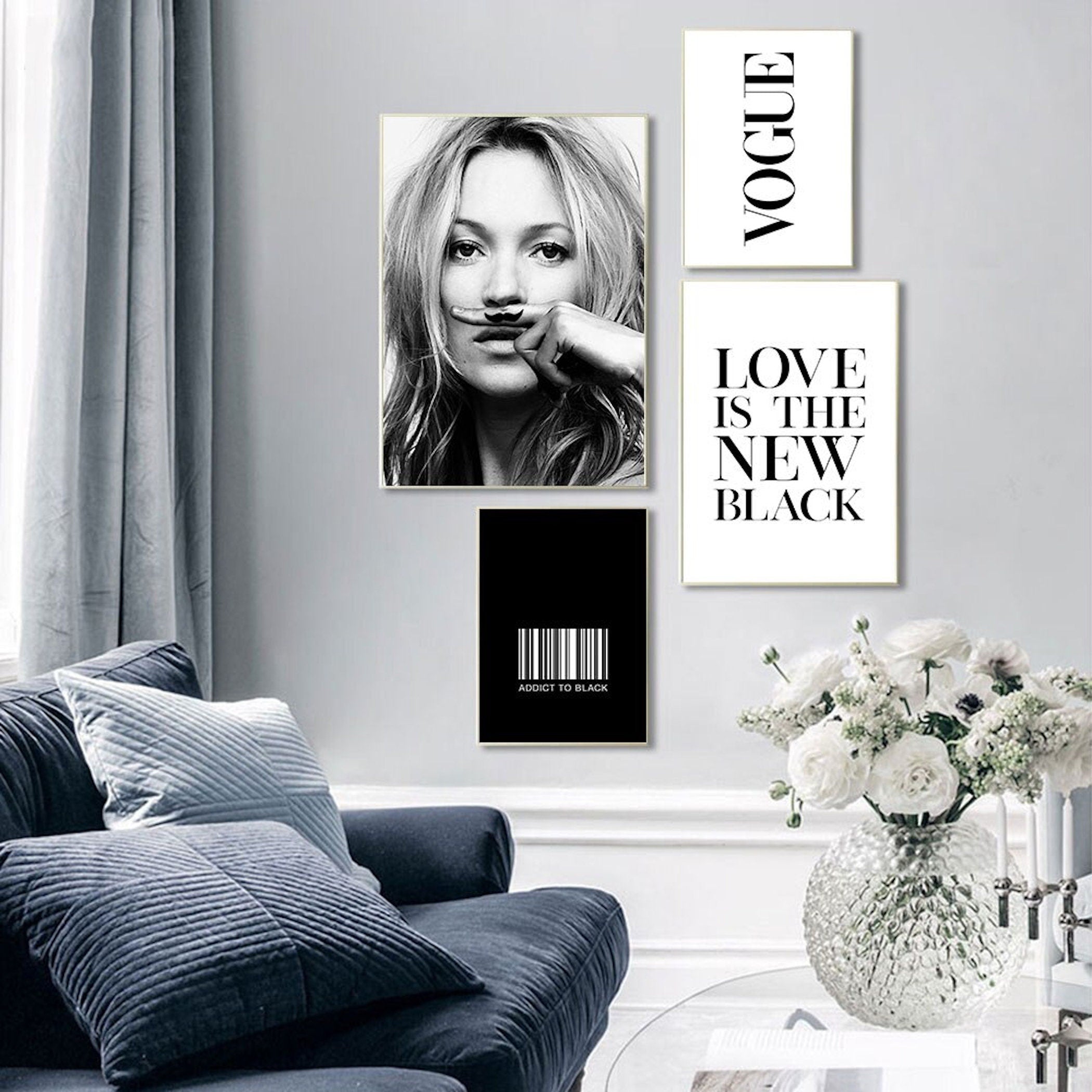 Poster Schwarz Weiß Kate Moss Vogue I Vintage I Wohnkultur| Wohnzimmer | Wandbilder Schlafzimmer | Deko Print ohne Rahmen | Bilder Set