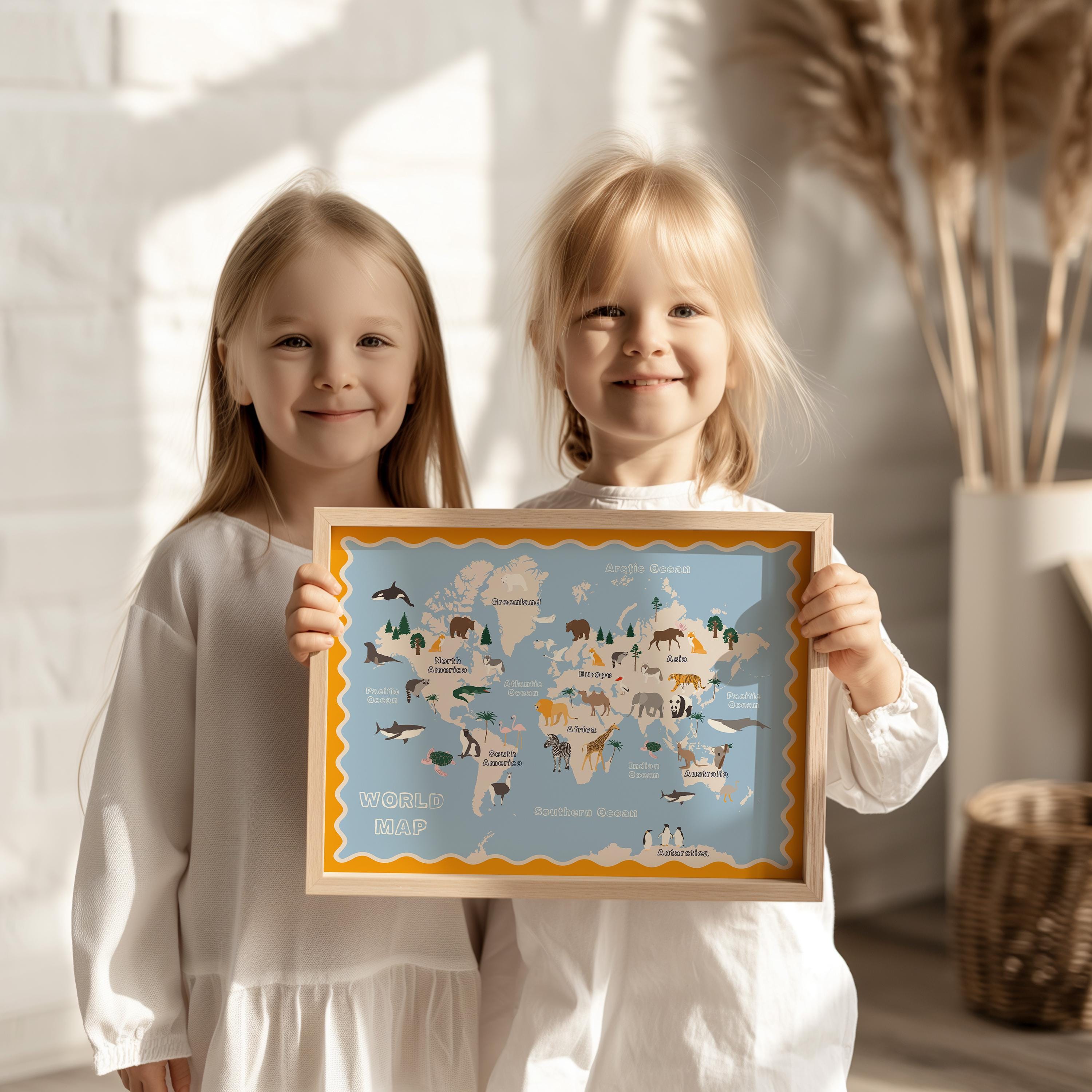 Poster Kinderzimmer Weltkarte · Tiere der Welt für Kinder · Lernposter mit Kontinenten & Ozeanen · Pädagogische Deko · Print ohne Rahmen