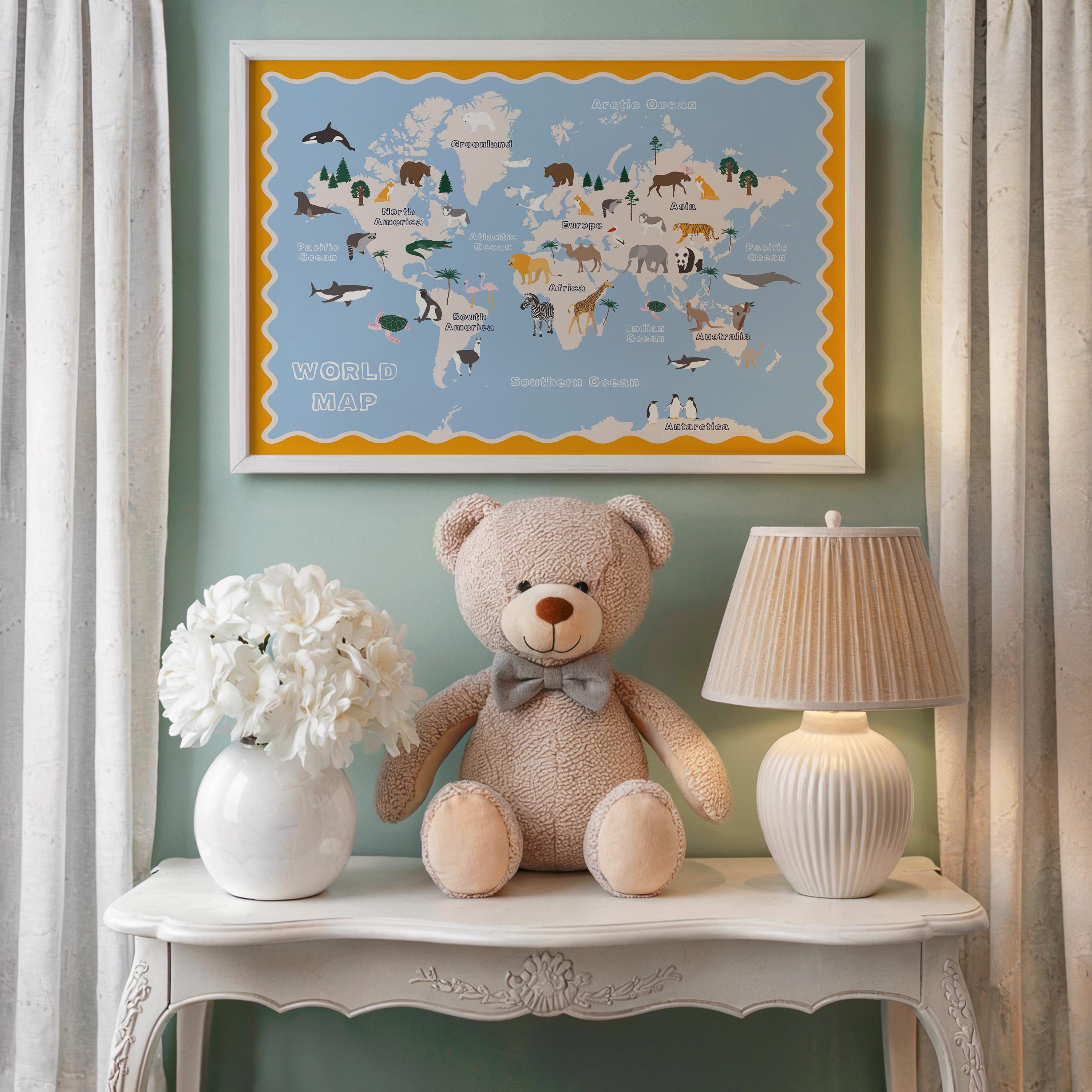 Poster Kinderzimmer Weltkarte · Tiere der Welt für Kinder · Lernposter mit Kontinenten & Ozeanen · Pädagogische Deko · Print ohne Rahmen