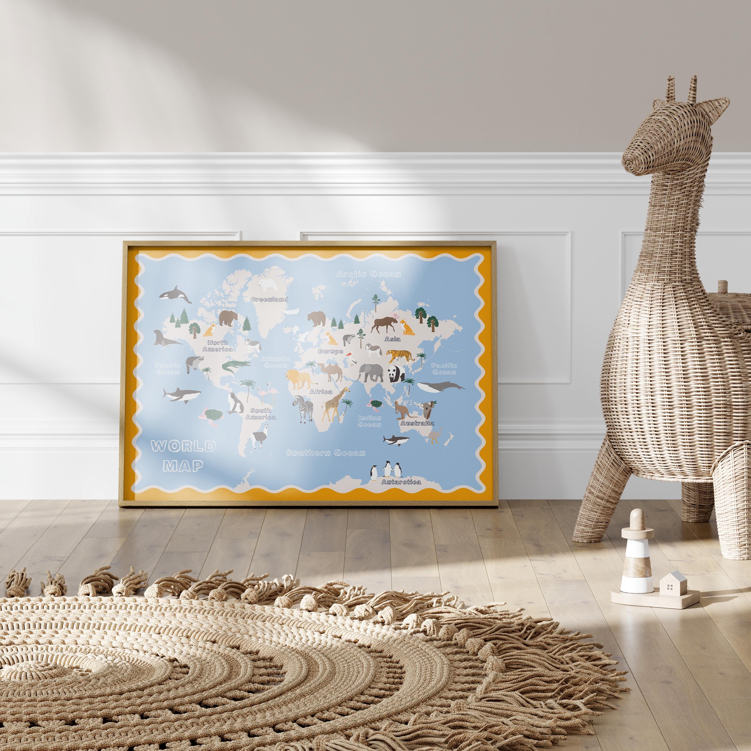 Poster Kinderzimmer Weltkarte · Tiere der Welt für Kinder · Lernposter mit Kontinenten & Ozeanen · Pädagogische Deko · Print ohne Rahmen