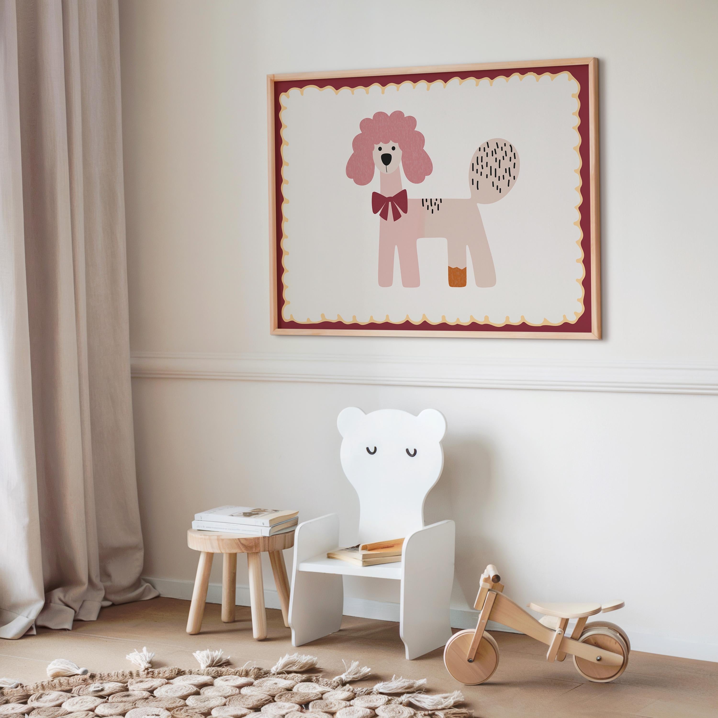 Poster Kinderzimmer Hund · Rosa Pudel mit Schleife · Verspieltes Tierposter im Retro Look · Liebevolle Deko für Kinder · Print ohne Rahmen