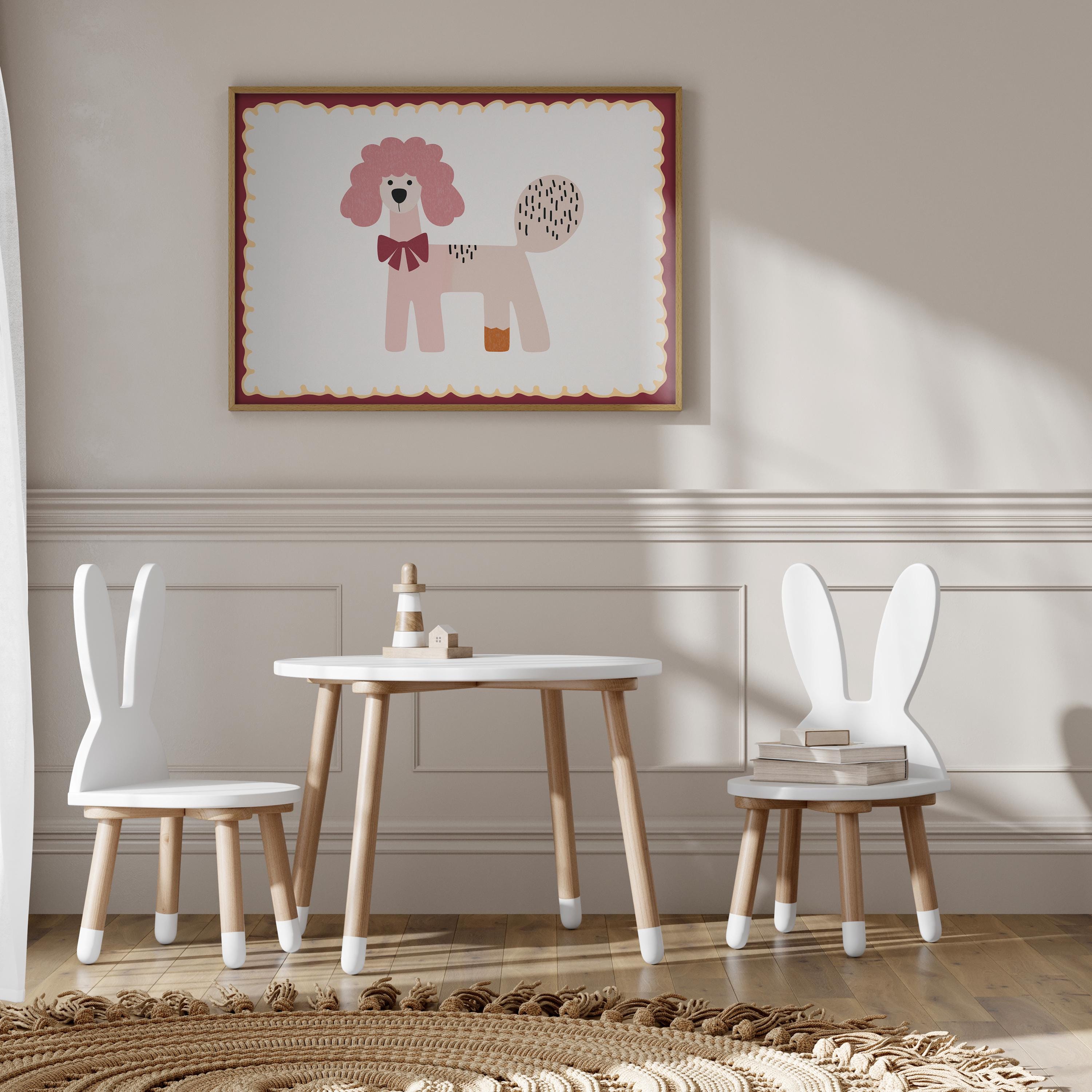 Poster Kinderzimmer Hund · Rosa Pudel mit Schleife · Verspieltes Tierposter im Retro Look · Liebevolle Deko für Kinder · Print ohne Rahmen