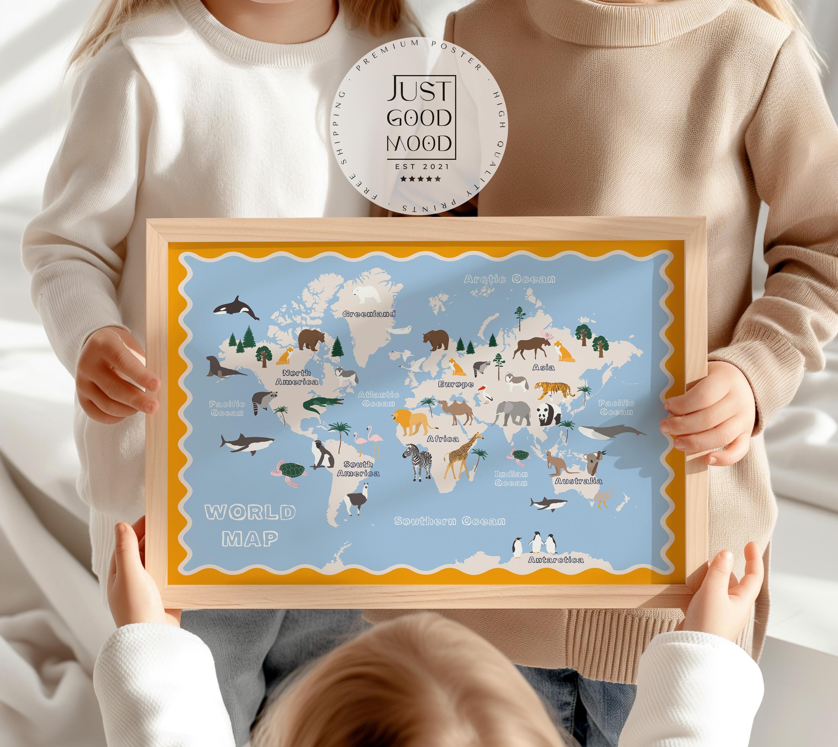 Poster Kinderzimmer Weltkarte · Tiere der Welt für Kinder · Lernposter mit Kontinenten & Ozeanen · Pädagogische Deko · Print ohne Rahmen