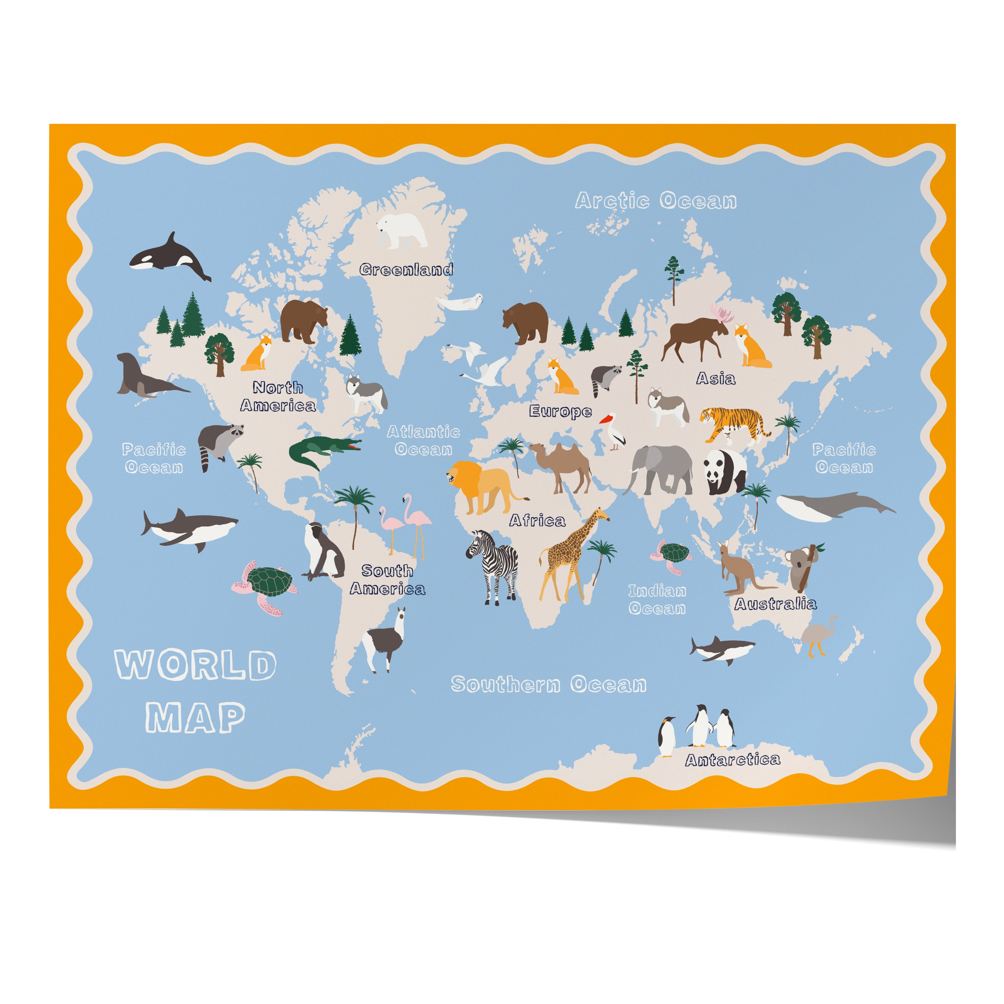 Poster Kinderzimmer Weltkarte · Tiere der Welt für Kinder · Lernposter mit Kontinenten & Ozeanen · Pädagogische Deko · Print ohne Rahmen